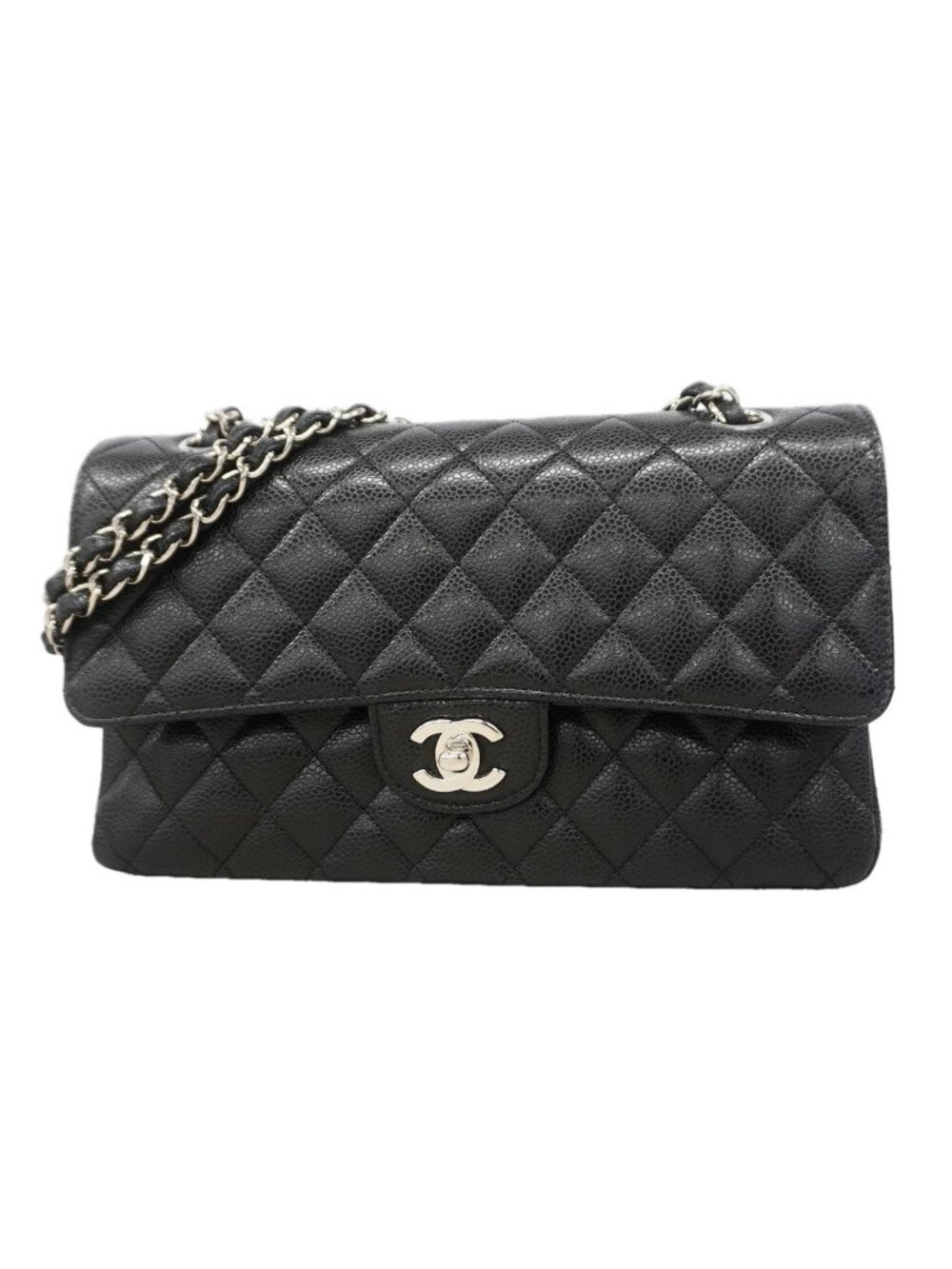 Chanel Shoulder Bag Quilted Caviar Leather Black Silver
